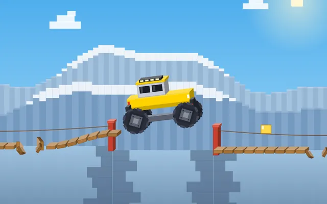 Mountain Drive: a yellow voxel monster truck jumping a broken bridge